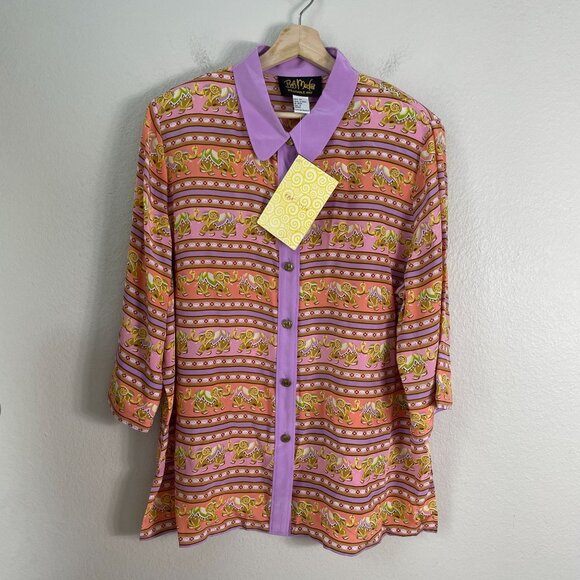 NEW Bob Mackie Womens Plus 1X Wearable Art Silk Button Up Shirt Elephant Print - Picture 8 of 12